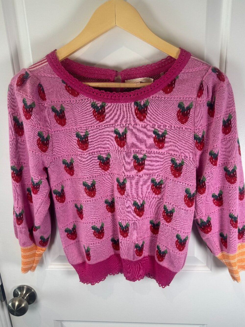 LoveShackFancy Isha Pink Strawberry Crocheted Knit Sweater Top XS